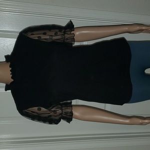 M contact mesh puff sleeve t-shirt casual ruffle mock neck ribbed